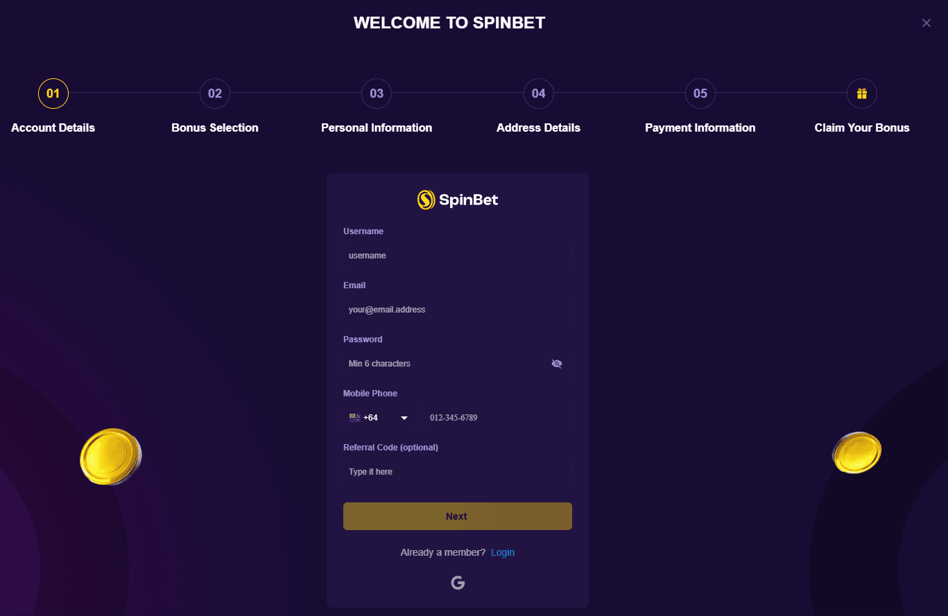 Registration at Spinbet casino